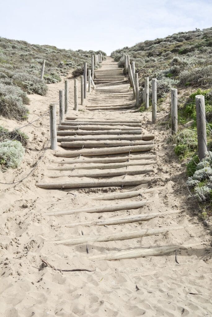 Wooden ladder up a dune at San Francisco's Baker Beach.