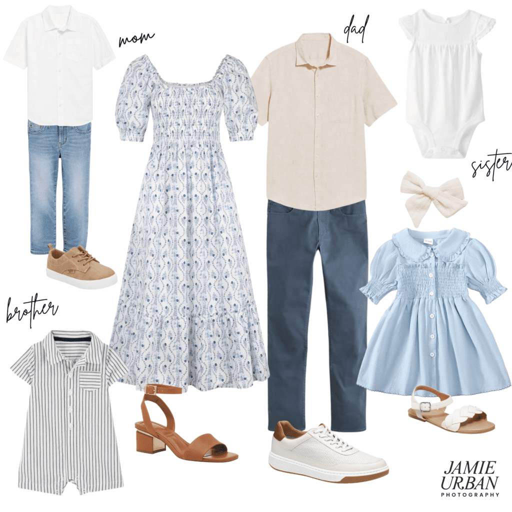 Photo collage of blue, cream and white clothing options for a family photography session. Includes dresses for mom and little girl, and collared shirt with pants options for dad and little boy.
