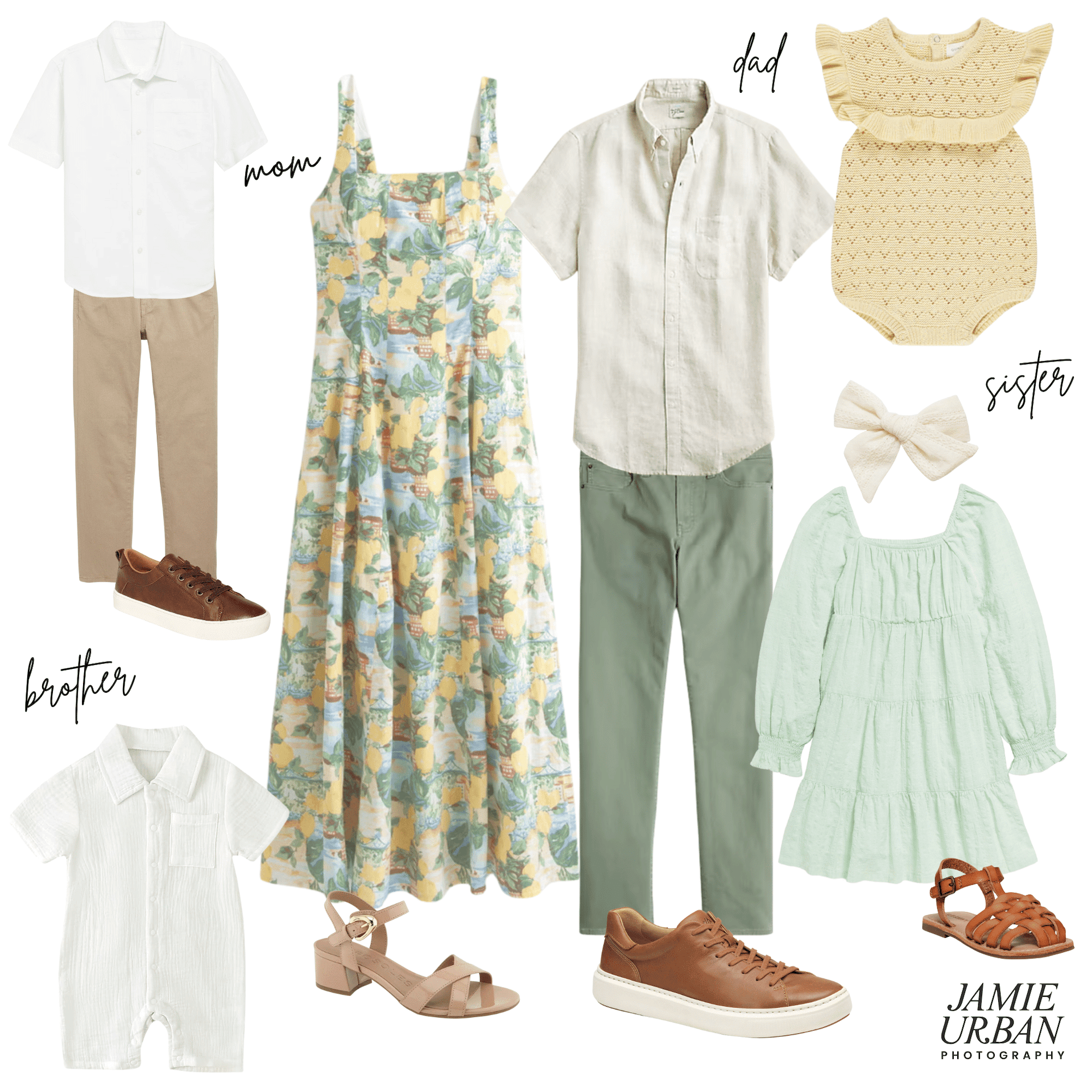 Photo collage of green, yellow, cream and white clothing options for a family photography session. Includes dresses for mom and little girl, and collared shirt with pants options for dad and little boy.