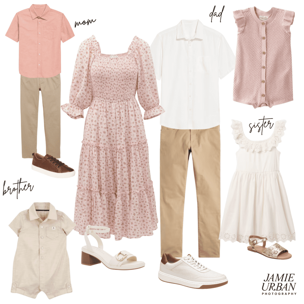 Photo collage of pink, cream and white clothing options for a family photography session. Includes dresses for mom and little girl, and collared shirt with pants options for dad and little boy.