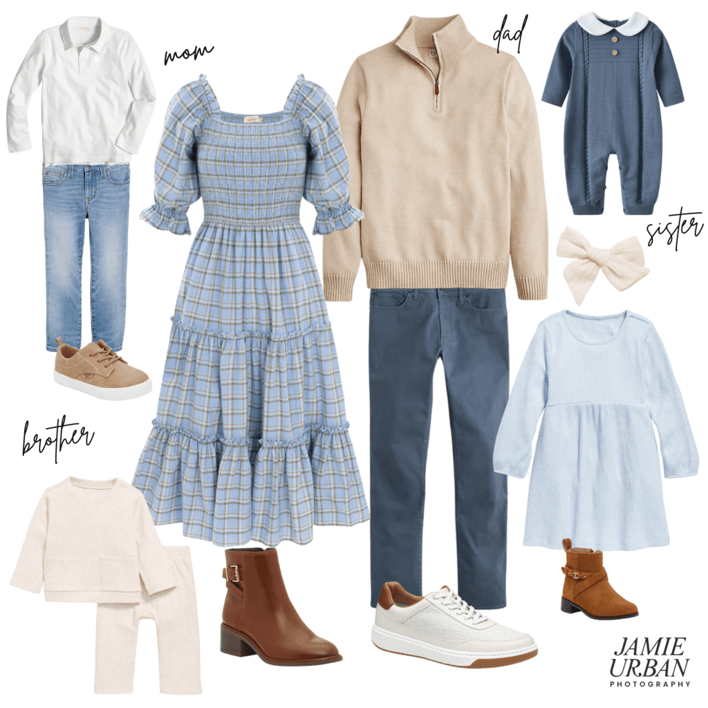 Photo collage of blue, cream and white clothing options for a fall family photography session. Includes dresses for mom and little girl, and collared shirt with pants options for dad and little boy.