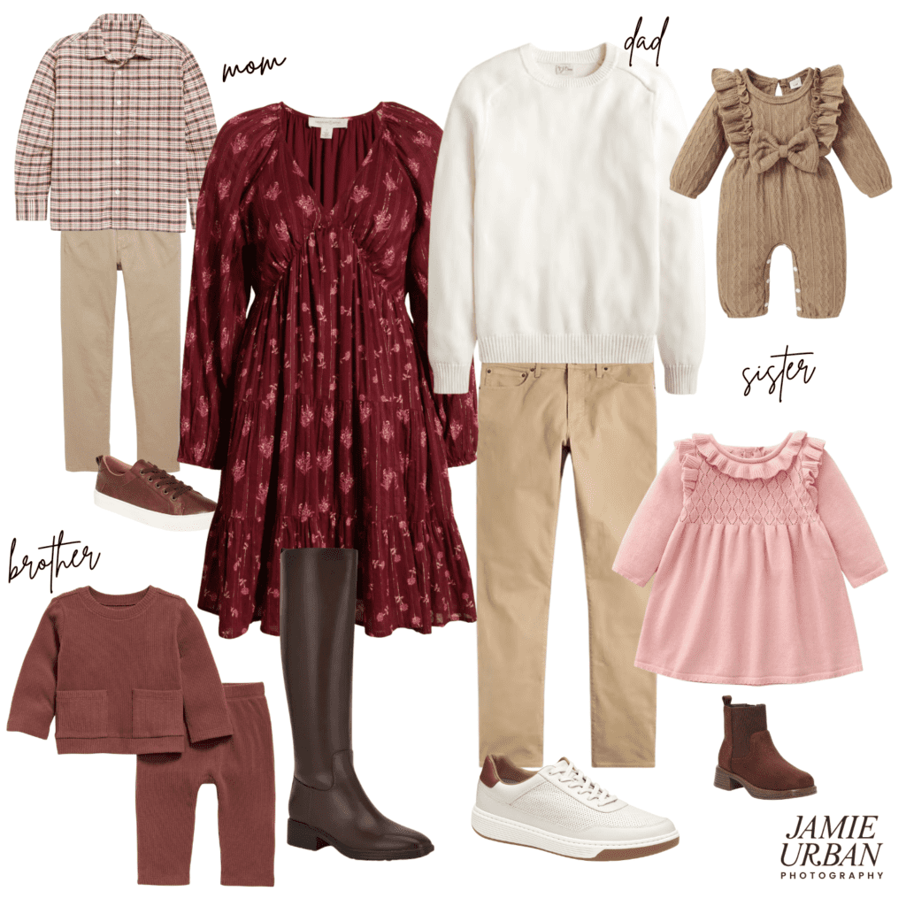 Photo collage of burgundy, pink, cream and white clothing options for a family photography session. Includes dresses for mom and little girl, and collared shirt with pants options for dad and little boy.