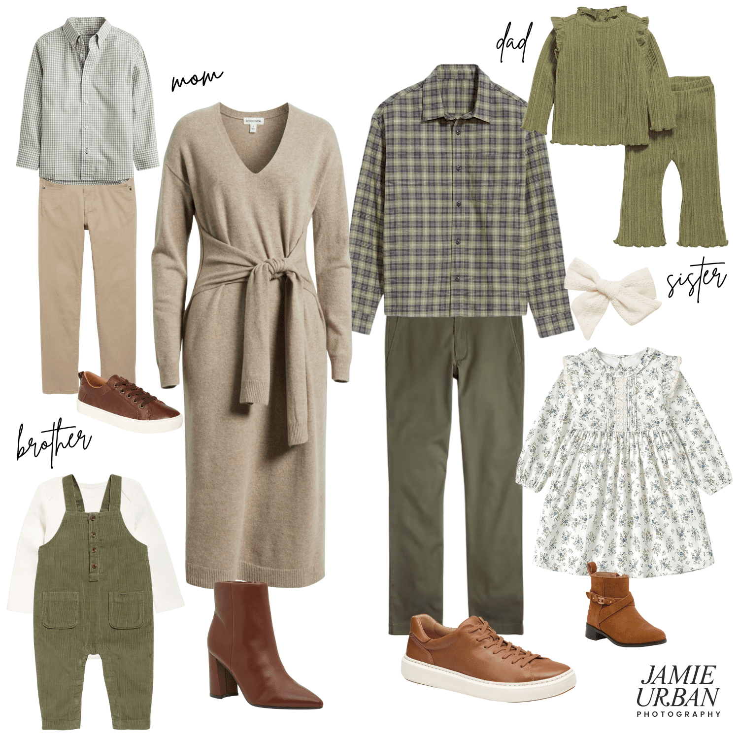 Photo collage of olive green and brown tones clothing options for a family photography session. Includes dresses for mom and little girl, and collared shirt with pants options for dad and little boy.
